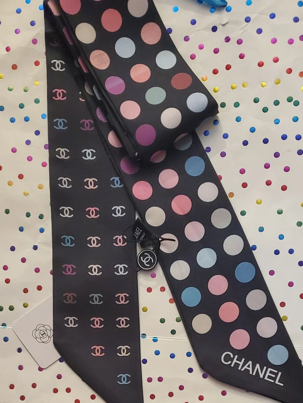 100% Silk Bag Twilly, Scarf, Hairtie; Black Silk Scarf with Pastel Polka Dots